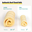 Comparison of Jumbo and Mini Beef Cheek Rolls with measurements 