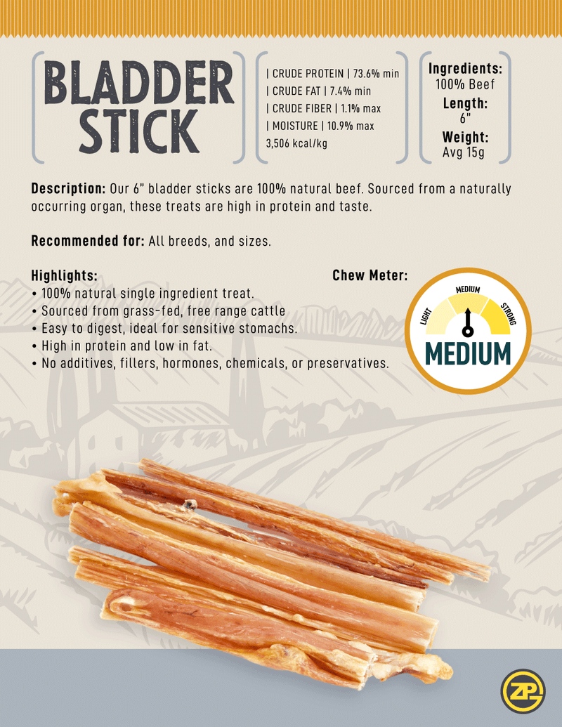 Low Odor Beef Bladder Sticks 6" - 12 Units